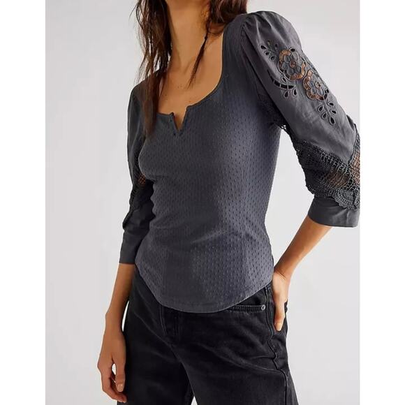 Free People Brunch Date Top Henley Metal Stiletto L Gray Boho Lace Cottagecore - Picture 3 of 14